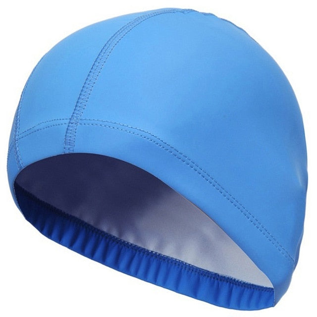 New 2019 Elastic Waterproof PU Fabric Protect Ears Long Hair Sports Swim Pool Hat Swimming Cap Free size for Men & Women Adults